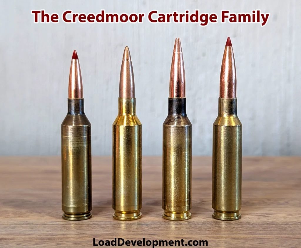Four Creedmoor cartridges lined up from 22 Creedmoor to 6.5 Creedmoor showing caliber differences